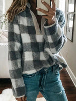 Load image into Gallery viewer, Band Collar Zipper Gingham Plaid Sweater/Sweatshirt
