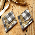 Load image into Gallery viewer, 3 Layered Sequin Plaid Leather Earrings
