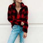 Load image into Gallery viewer, Band Collar Zipper Gingham Plaid Sweater/Sweatshirt
