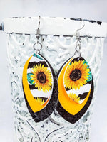 Load image into Gallery viewer, 3 Layered Sunflower and stripe Leather Earrings
